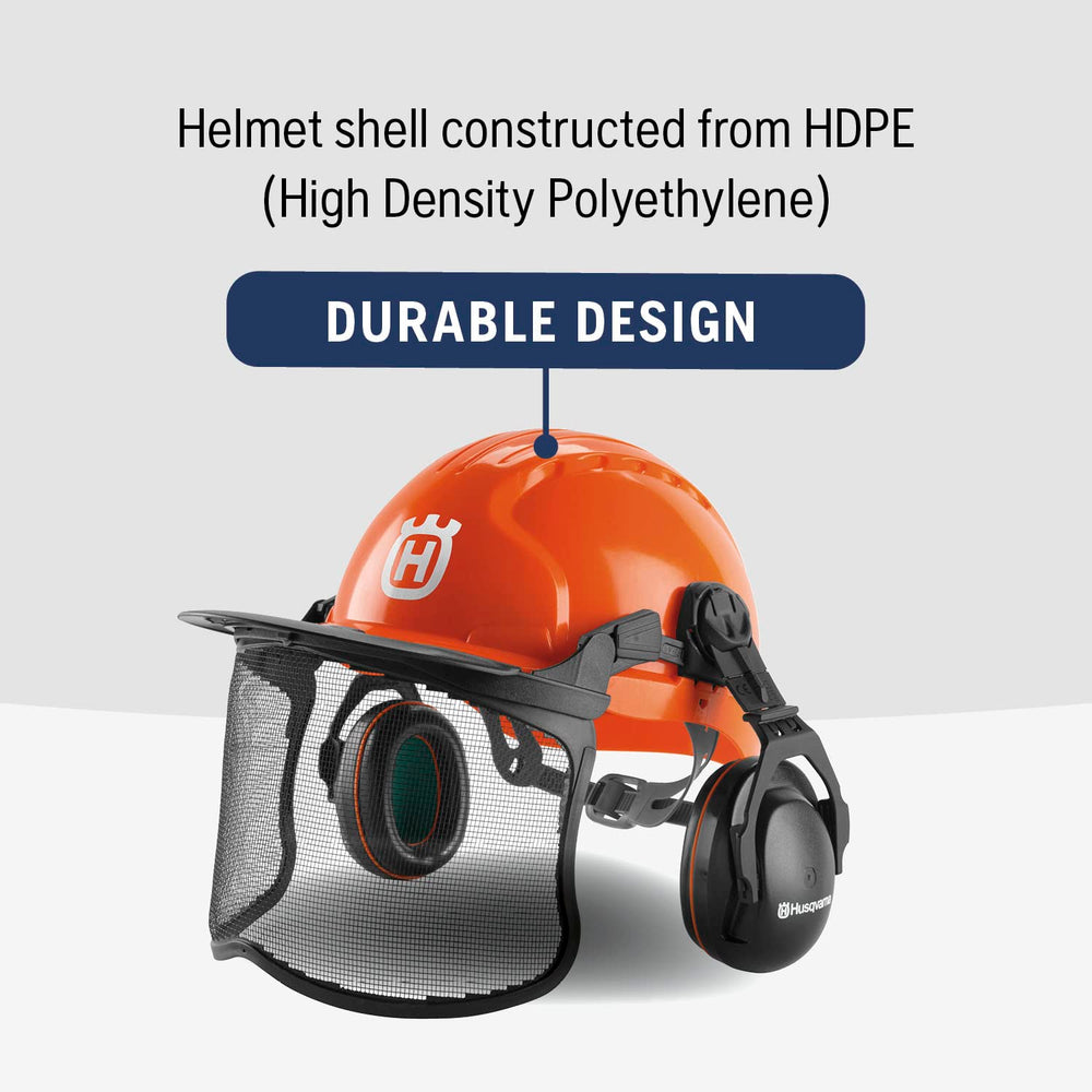 Husqvarna helmet next to a standard hardhat showing size and scale comparison