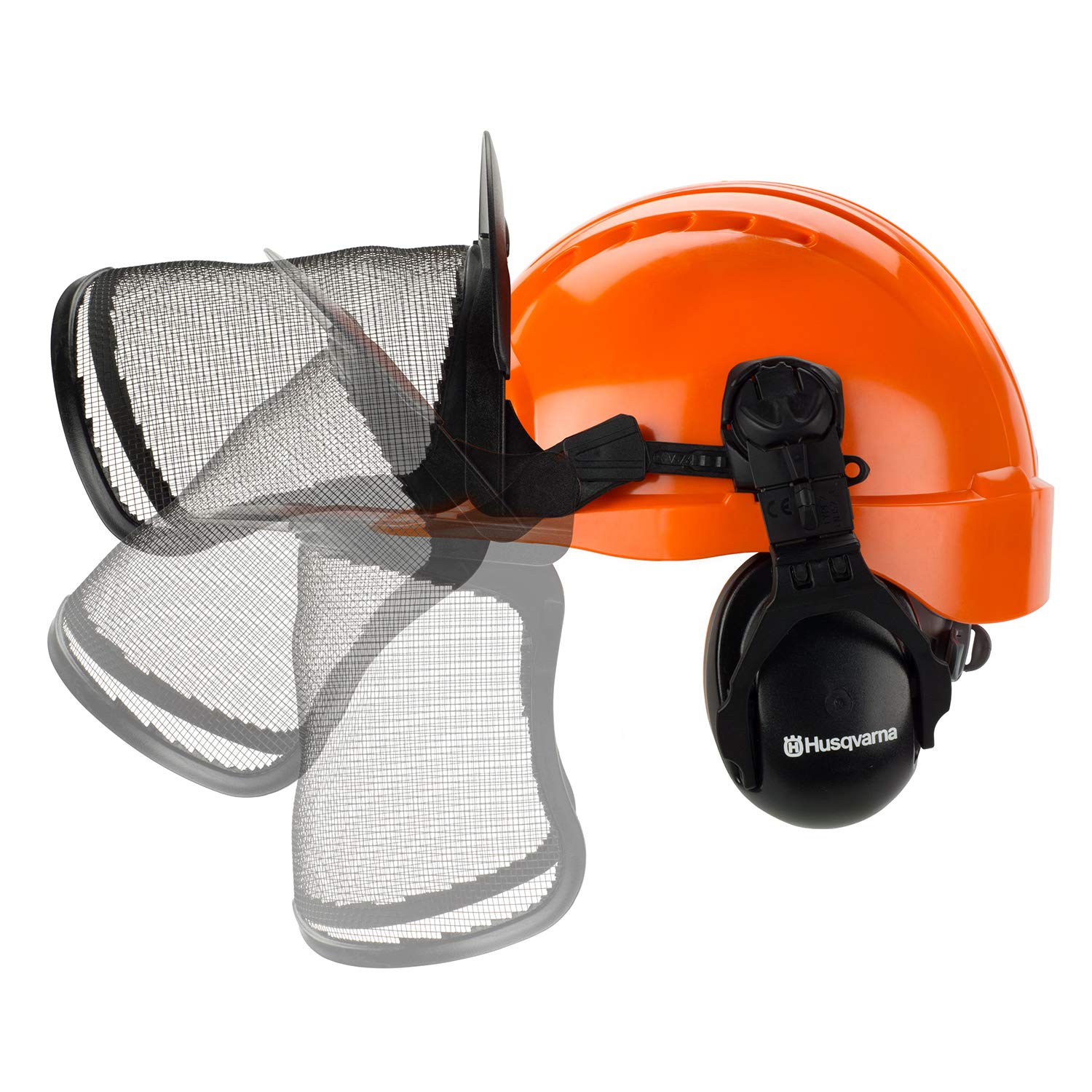 Husqvarna helmet worn in field showing fit and hearing protection benefit