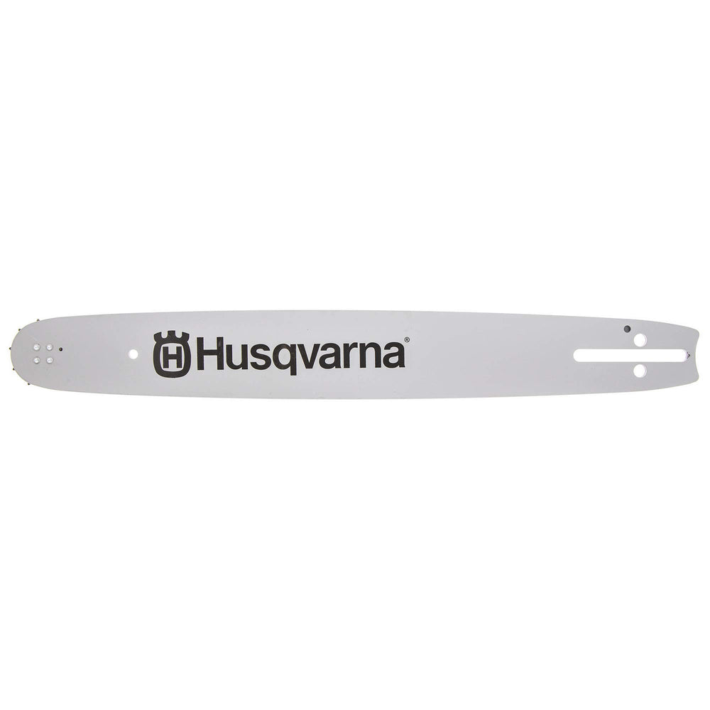 Husqvarna bar rail close-up showing laminated finish and hardened edge for durability