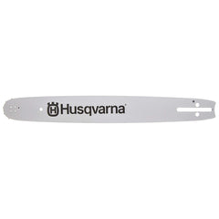 Husqvarna bar rail close-up showing laminated finish and hardened edge for durability