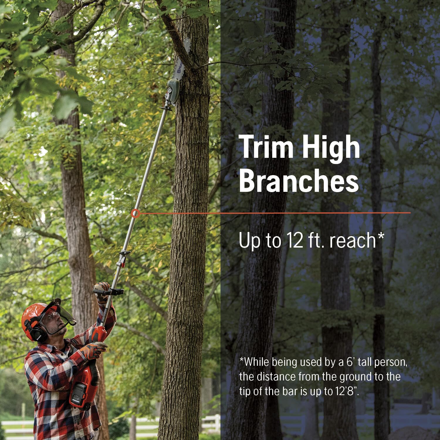 Husqvarna PA310 beside a tape measure showing reach and scale benefit for homeowners