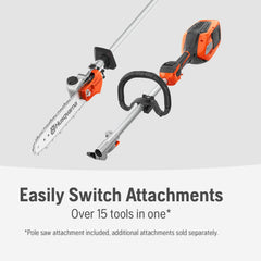Husqvarna pole saw close-up of X-CUT chain and bar for durable cuts