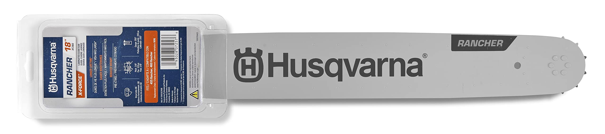 Husqvarna 18-inch Rancher bar front view showing fit and robust construction benefit accurate alignment