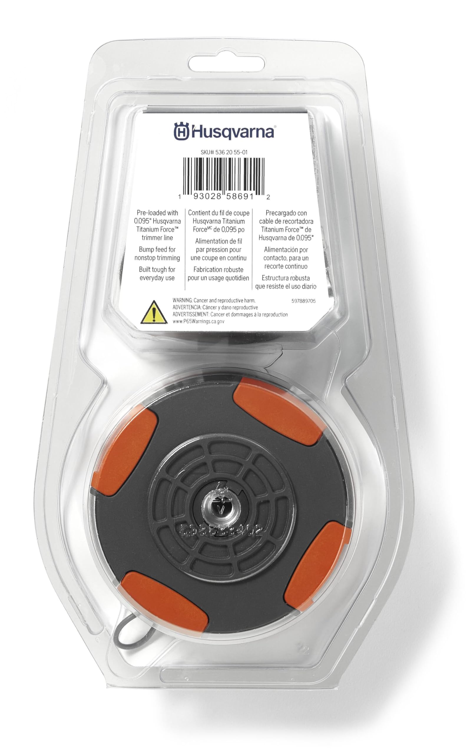 Husqvarna Rapid Replace spool close-up highlighting durable cartridge