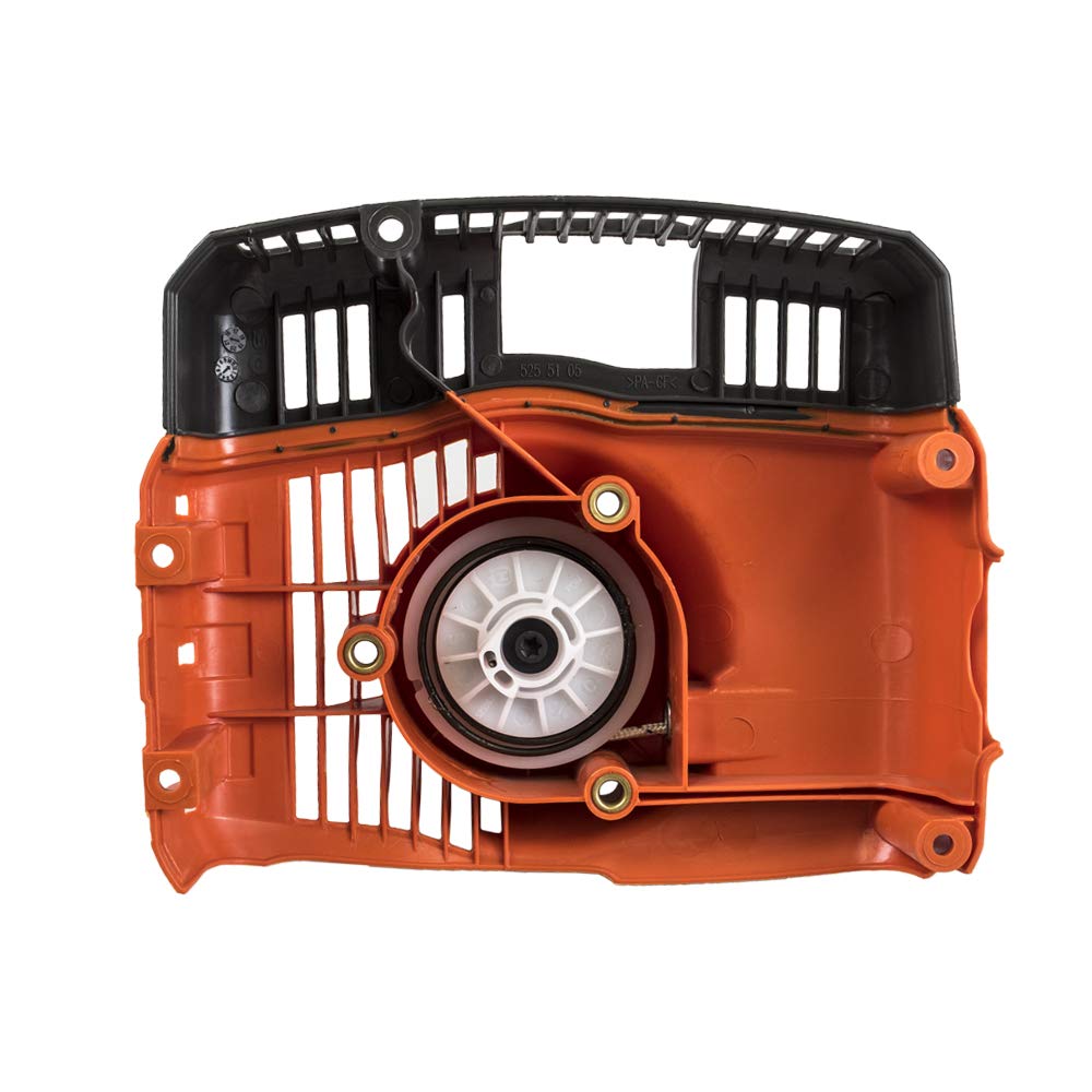 Husqvarna recoil starter pulley and rope close-up highlighting durable spring and smooth retraction