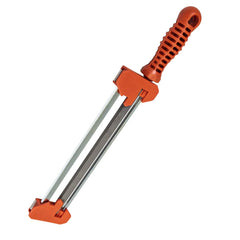 Husqvarna Sharpforce in-use closeup guiding a 7/32" file for precise chain maintenance