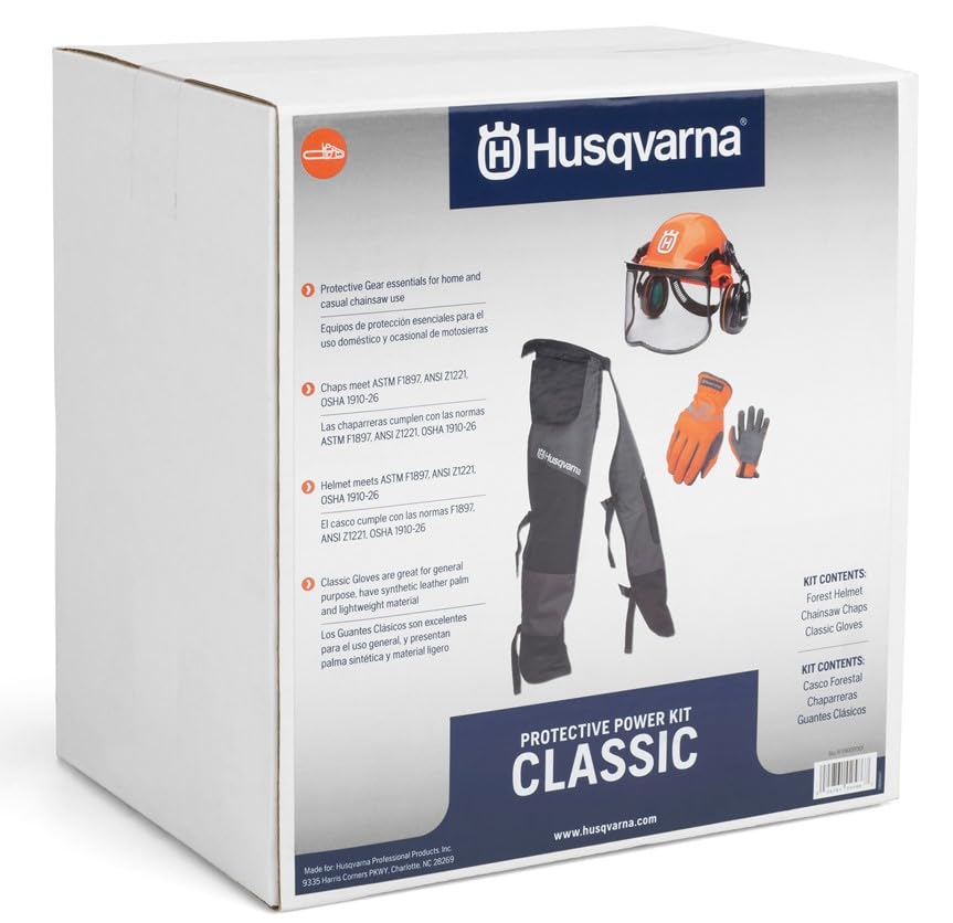 Husqvarna size scale comparison showing chaps length relative to a person for correct fit