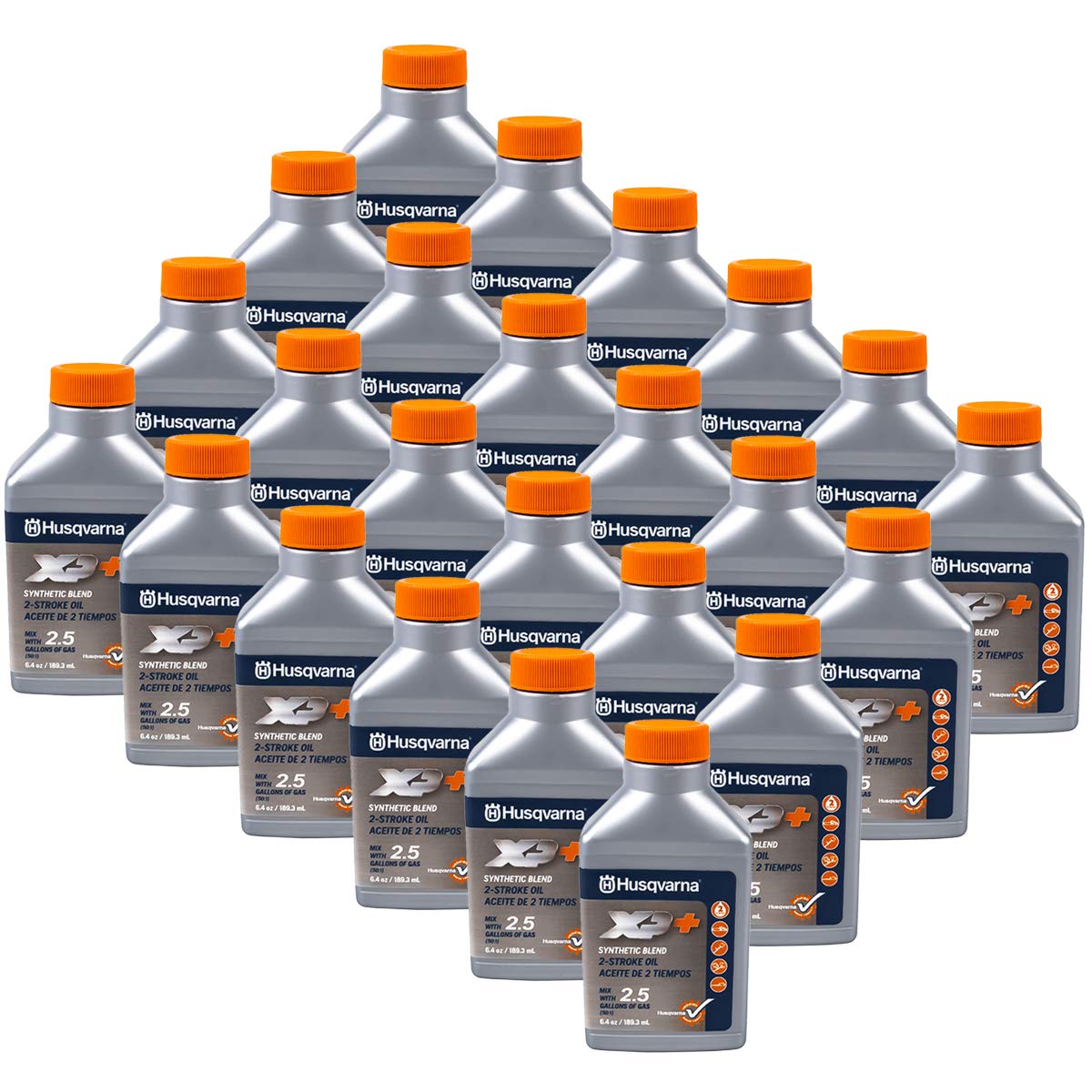Husqvarna bottles beside a gas can showing scale for 2.5‑gallon mix convenience