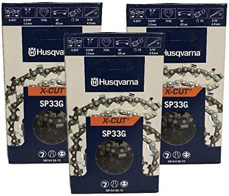 Husqvarna front view of SP33G 18-inch chain pack showing brand and pack benefit