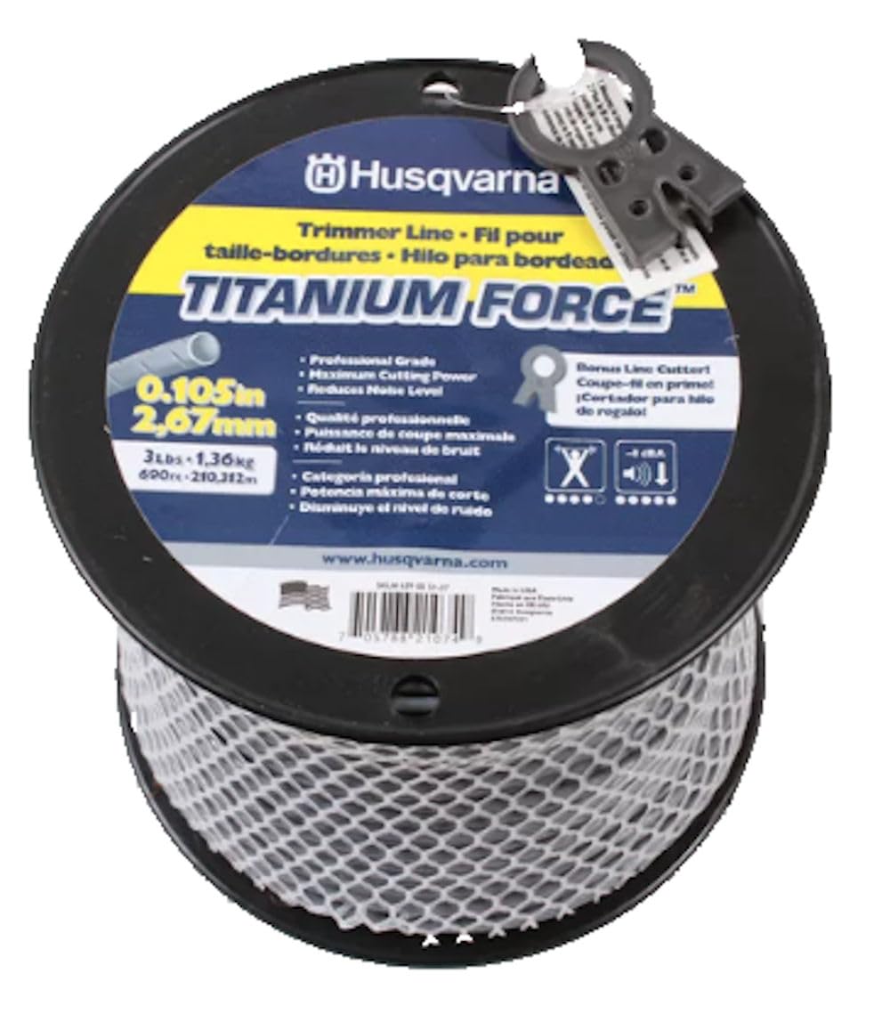 Husqvarna spool front packaging showing 690 ft and titanium finish for longer life
