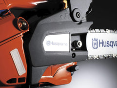 Husqvarna T435 chain and X-Force bar closeup showing durable cutting components and longer life