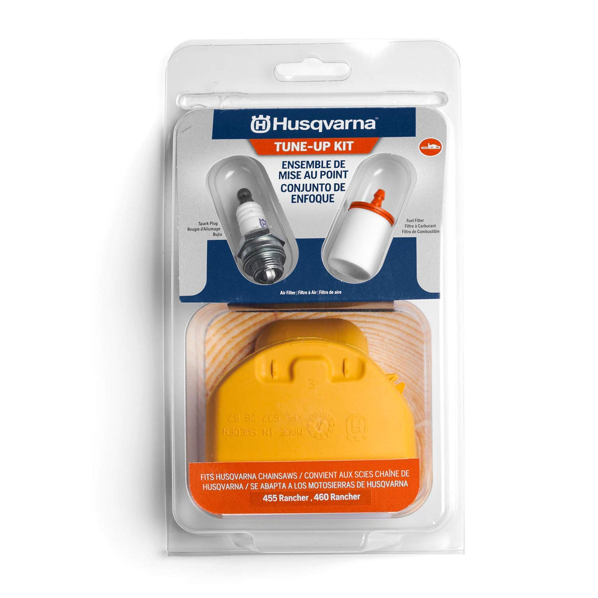 Husqvarna tune up kit front packaging showing all included parts and quick maintenance benefit