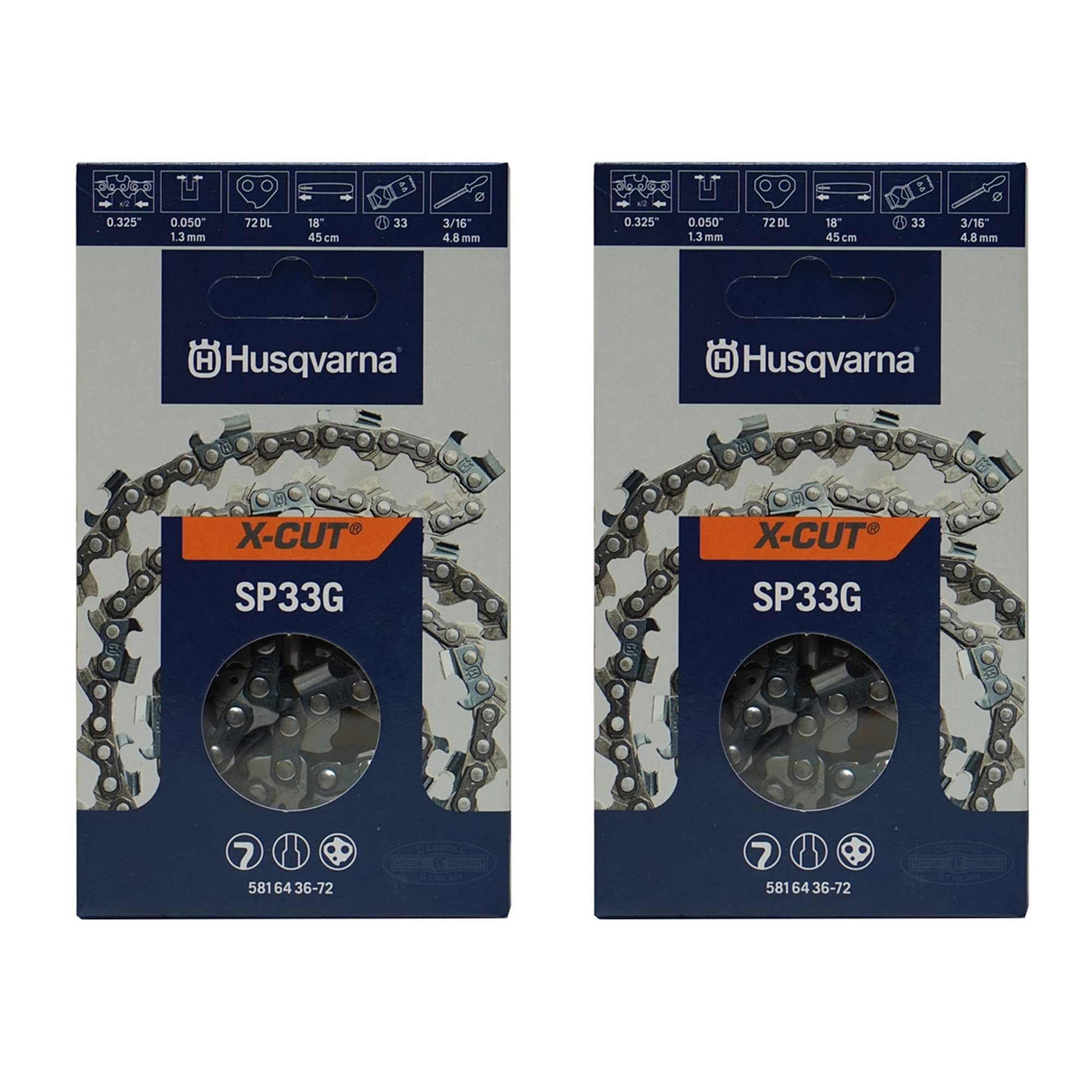 Husqvarna X-Cut front packaging showing two 18-inch chains and part number for fast replacement