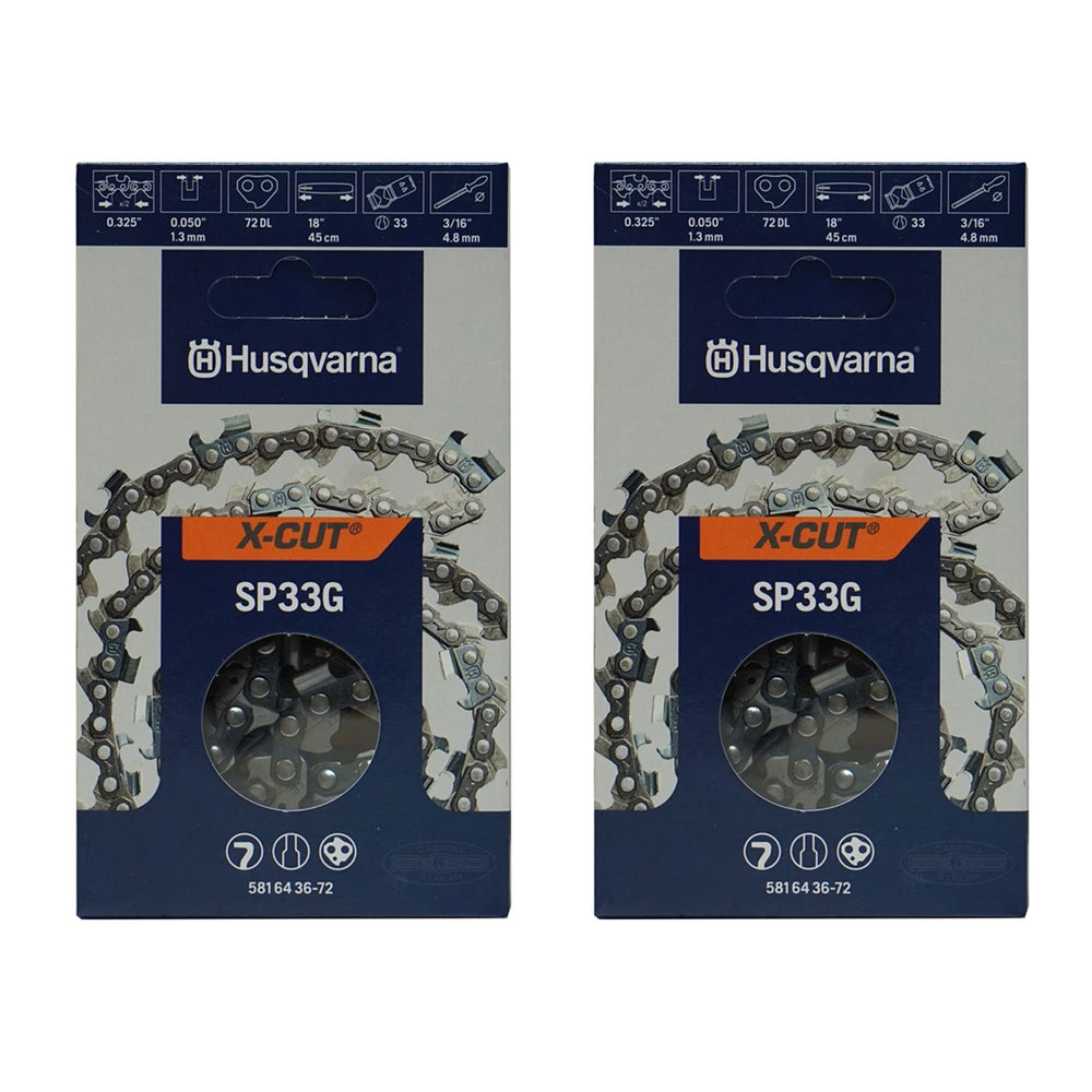Husqvarna X-Cut front packaging showing two 18-inch chains and part number for fast replacement