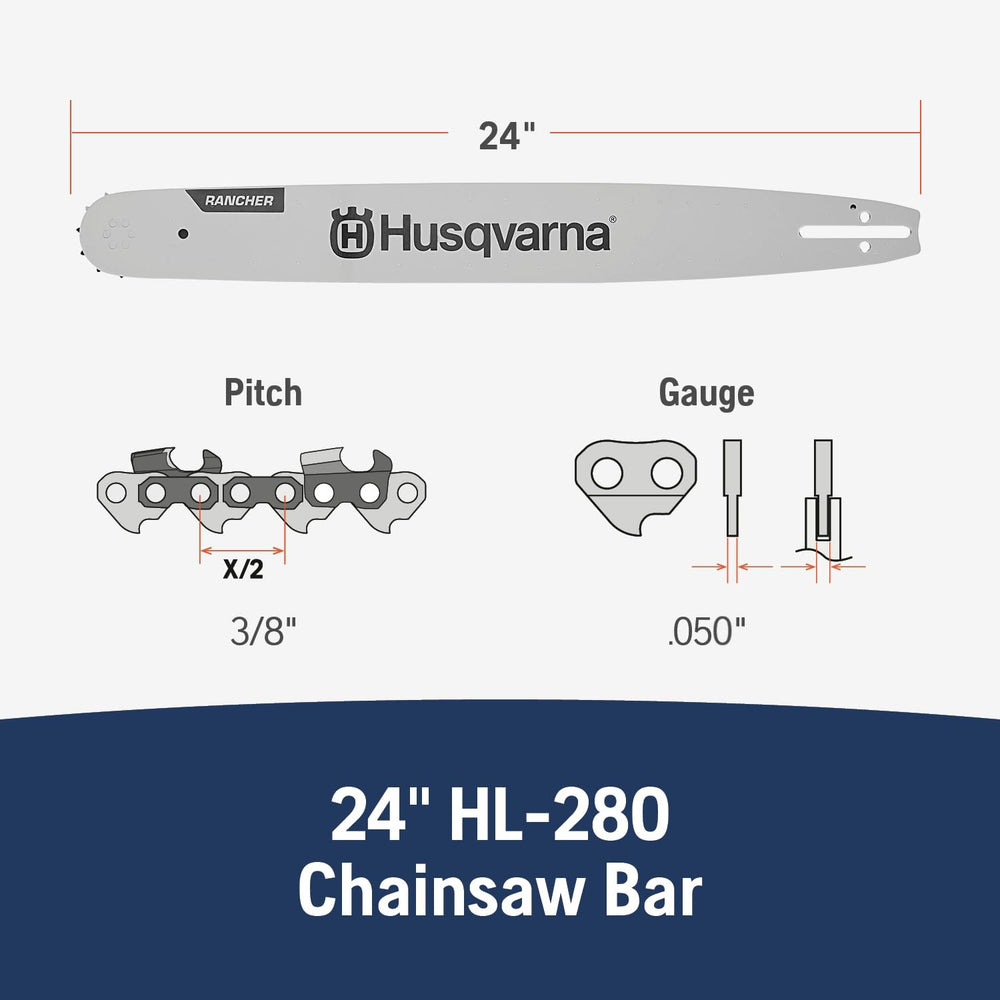 Husqvarna close-up of bar groove and rails highlighting durable fit and chain guidance