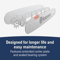 Detail of Husqvarna bar support shield and bearing area reducing debris ingress