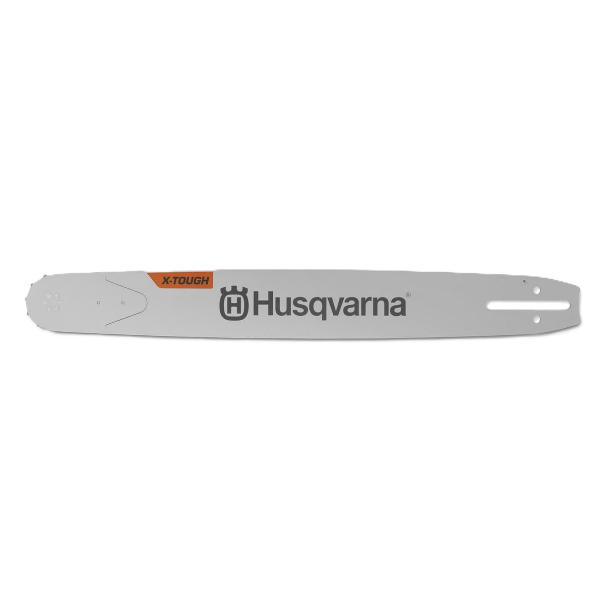 Husqvarna X-Tough bar front view showing solid steel body and mount benefit: durability