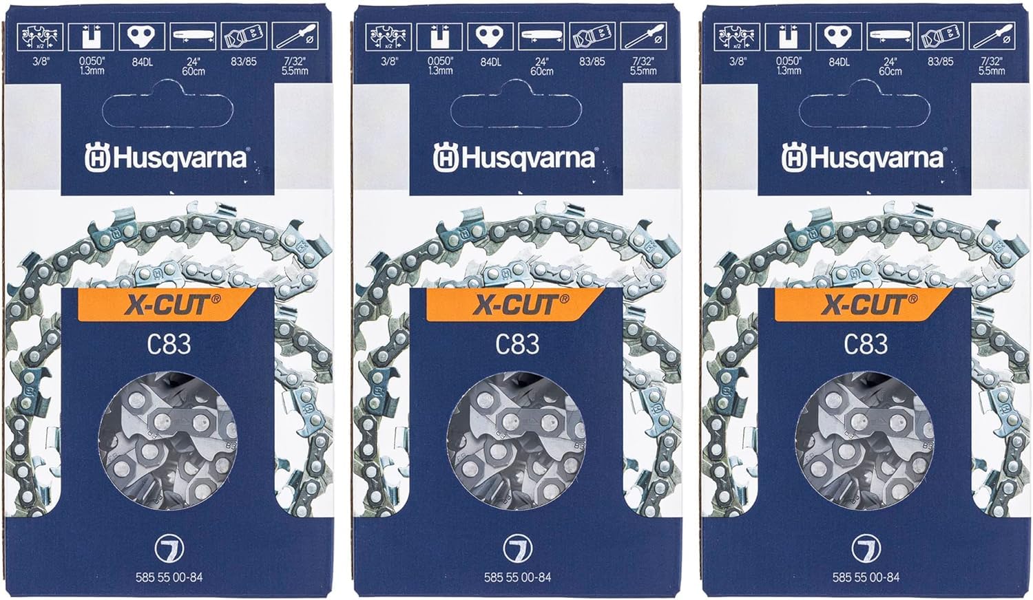 Husqvarna X-CUT front packaging showing three 24" chains and model label for quick identification