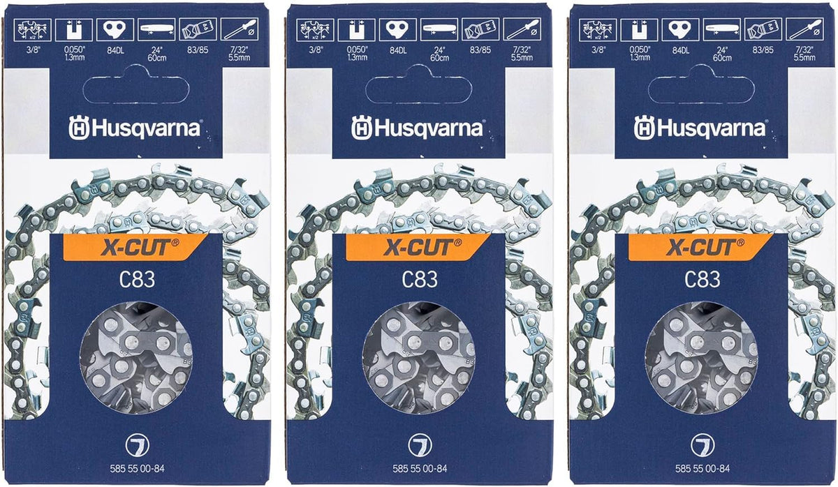 Husqvarna X-CUT front packaging showing three 24" chains and model label for quick identification