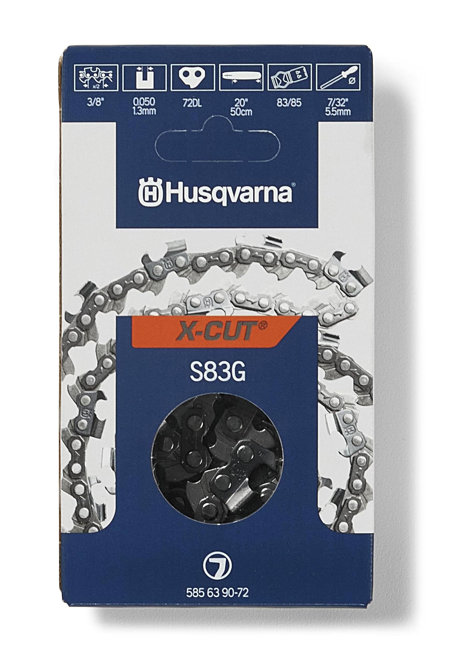 Husqvarna X‑Cut S83G front packaging showing chain and compatibility benefits