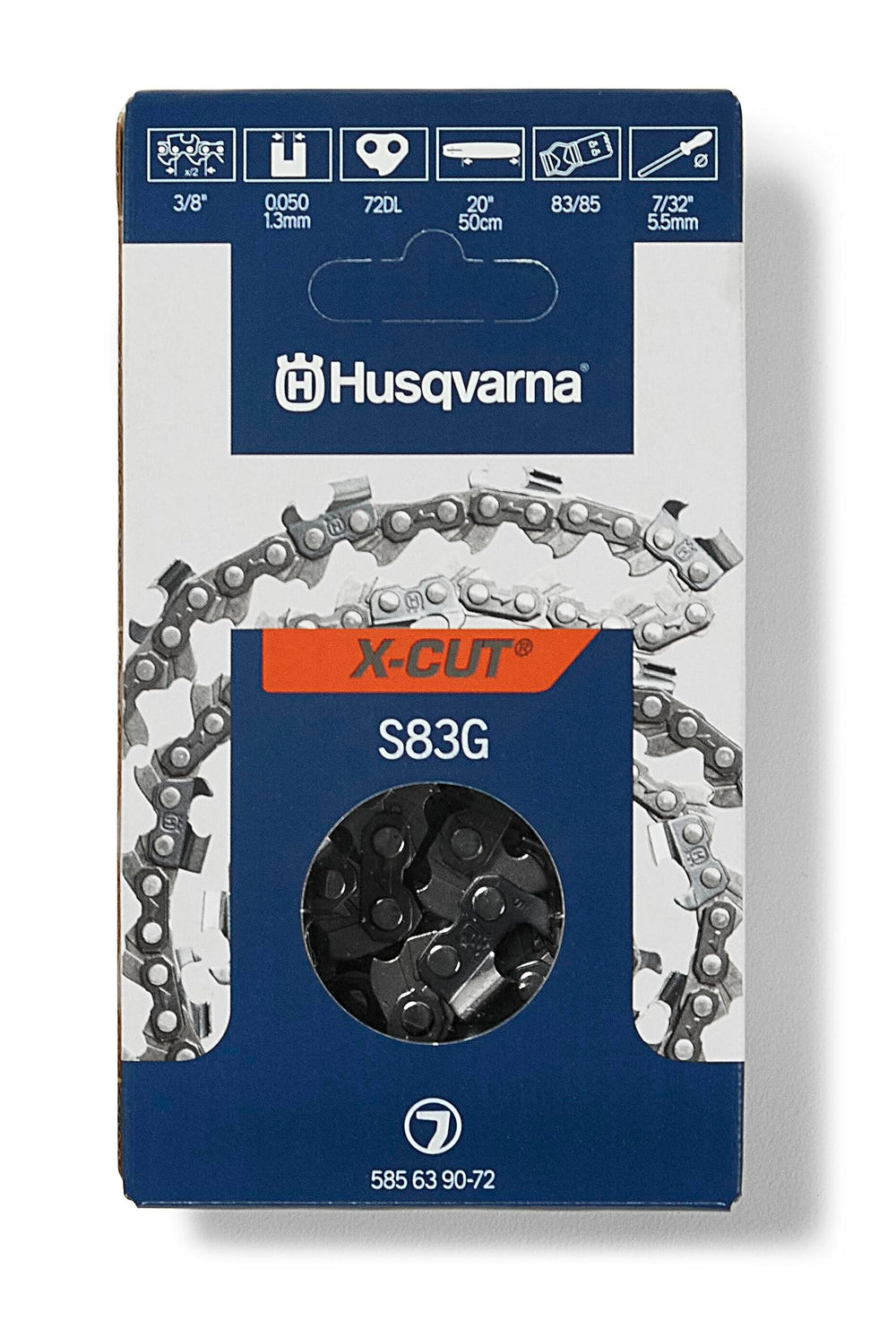 Husqvarna X‑Cut S83G front packaging showing chain and compatibility benefits