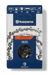 Husqvarna X‑Cut S83G front packaging showing chain and compatibility benefits