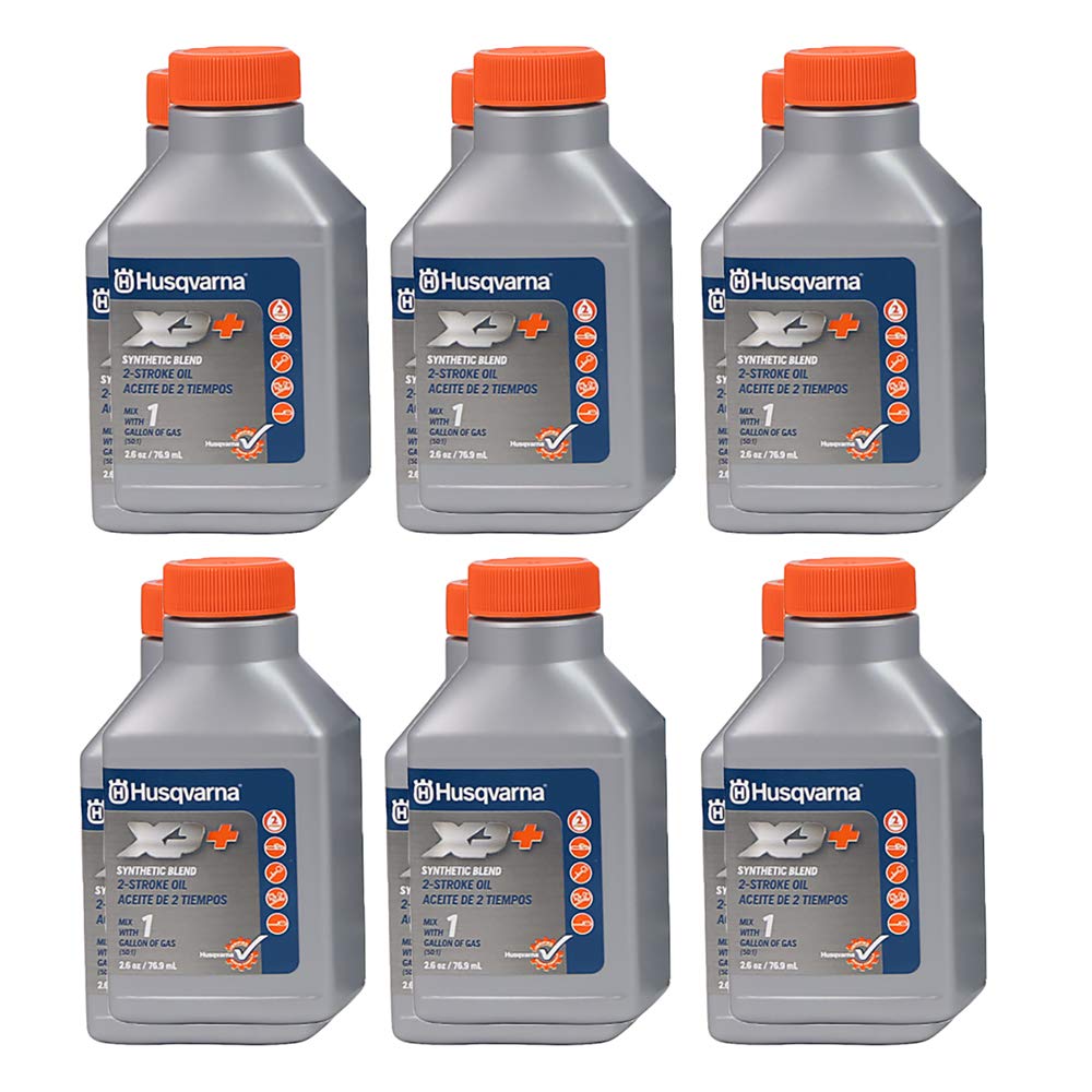 Husqvarna front view of 2.6 oz XP+ bottle showing label and benefits