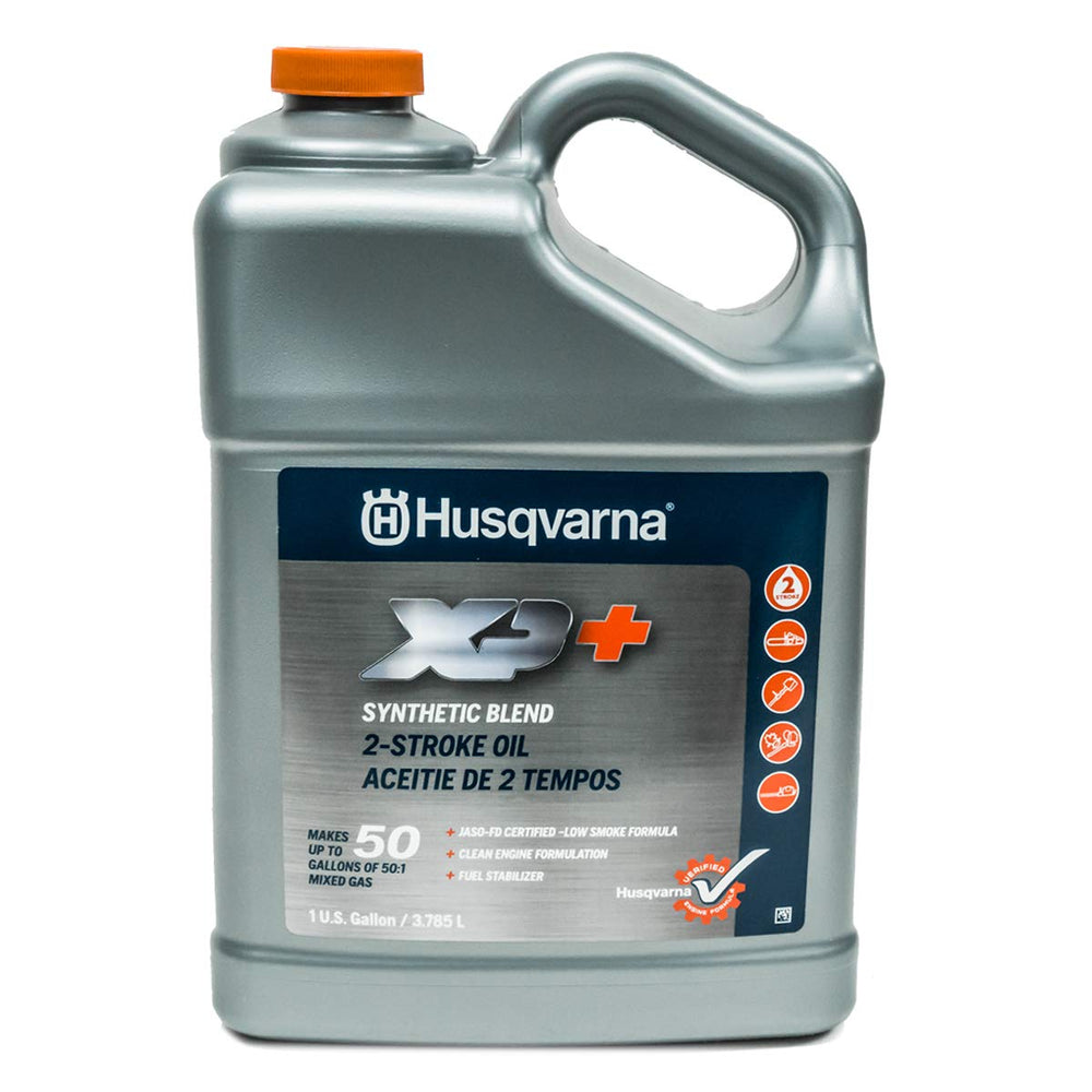 Husqvarna XP+ gallon front label showing certification and benefits