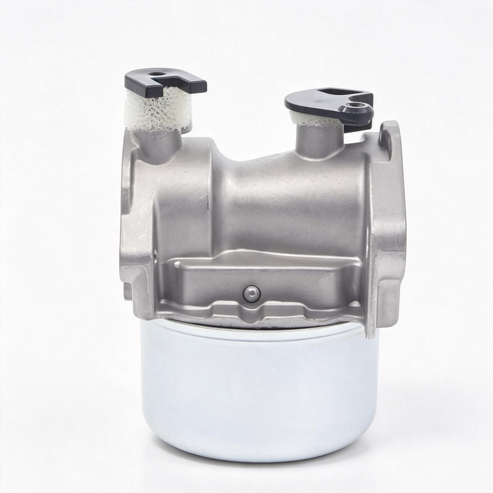 Hutdkte carburetor next to a hand for scale illustrating compact size and easy handling