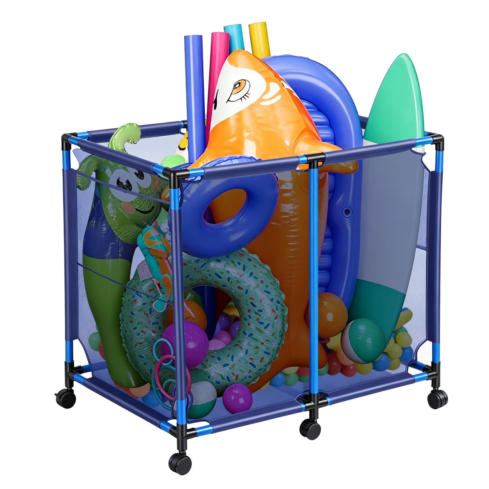 Hutigertech front view of rolling pool storage bin showing organized toys and accessibility