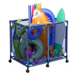 Hutigertech front view of rolling pool storage bin showing organized toys and accessibility