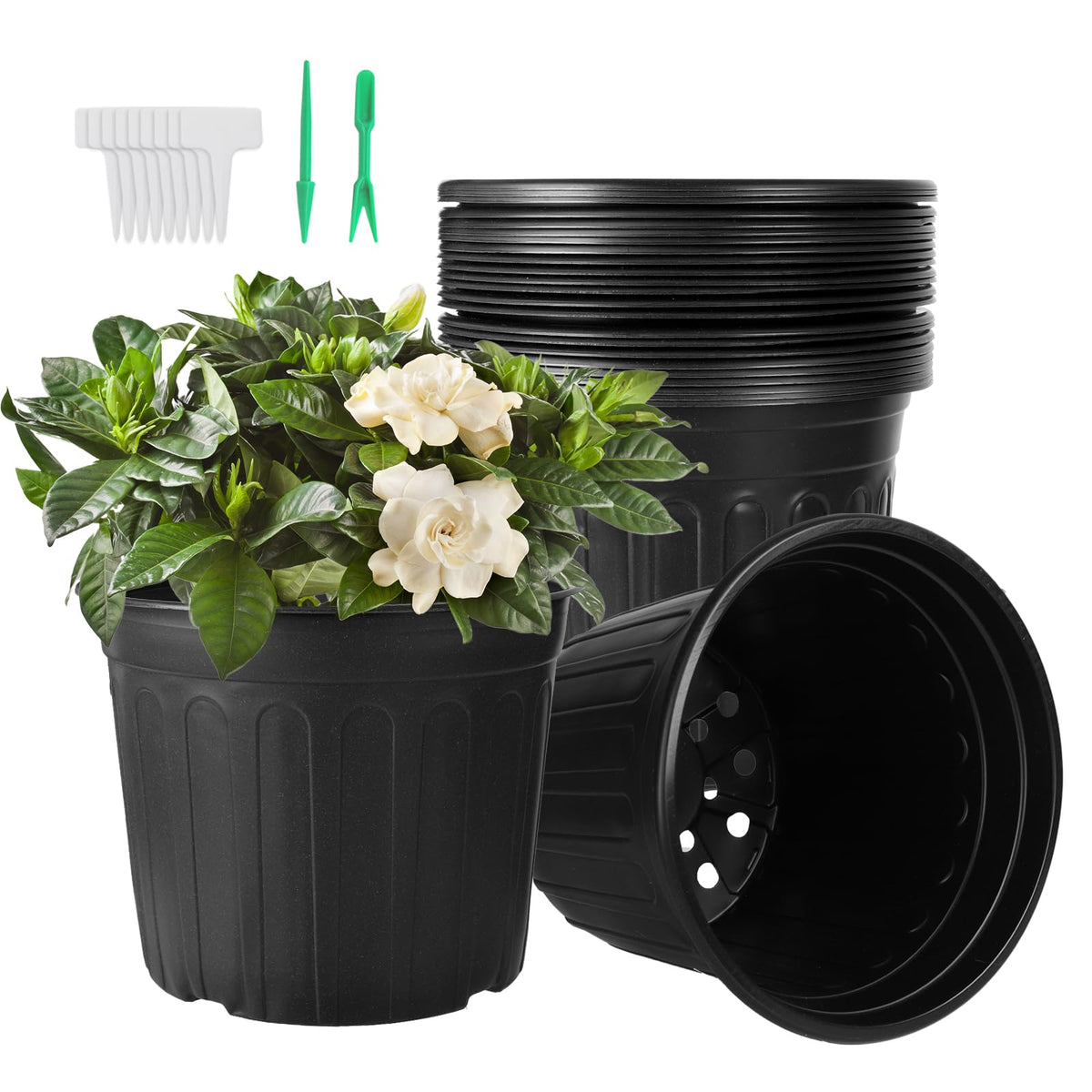 Huvai front view of 24 pack 3 gallon pots showing compact stack and label benefit