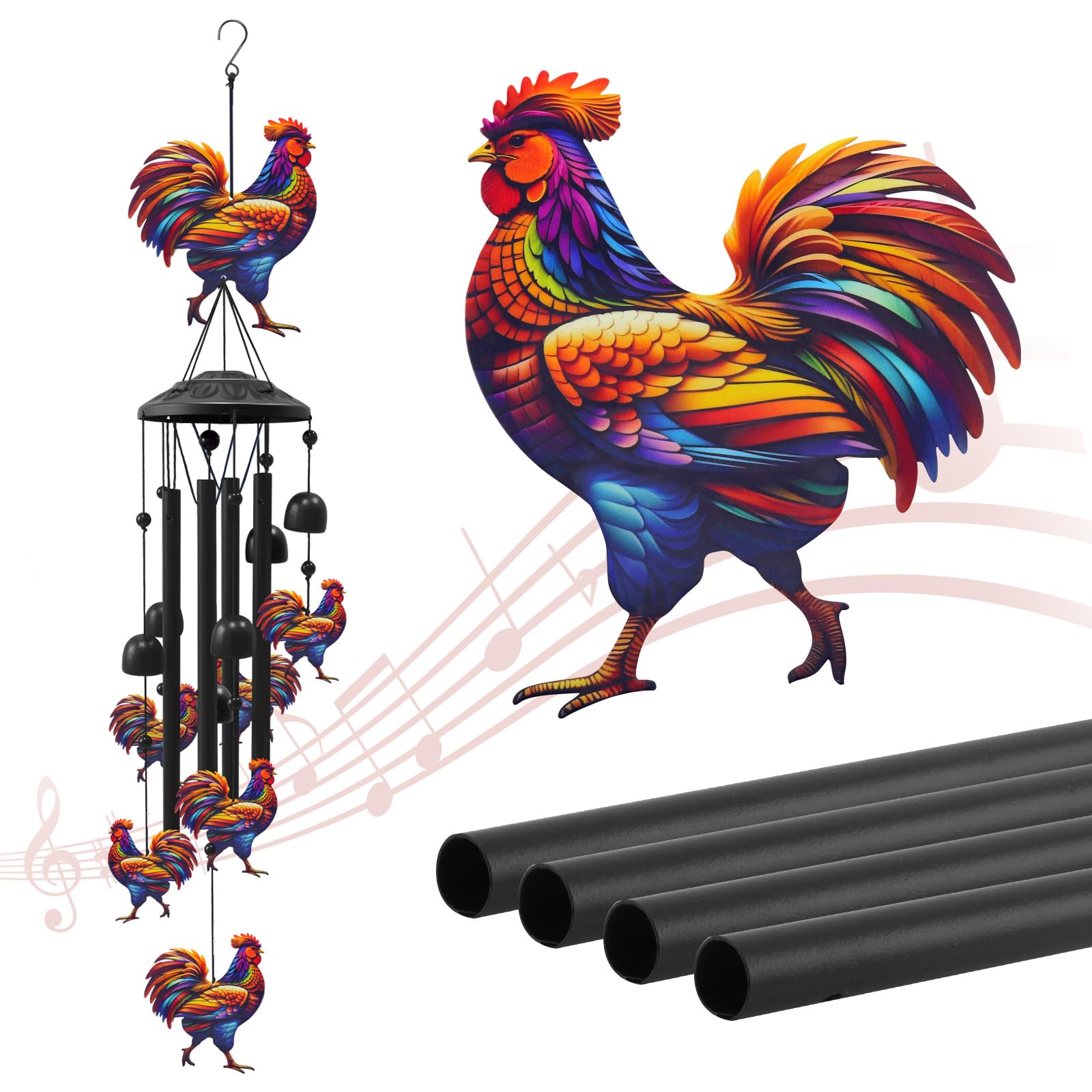 HUVNSOCH front view of chicken wind chime showing full decorative arrangement and charm