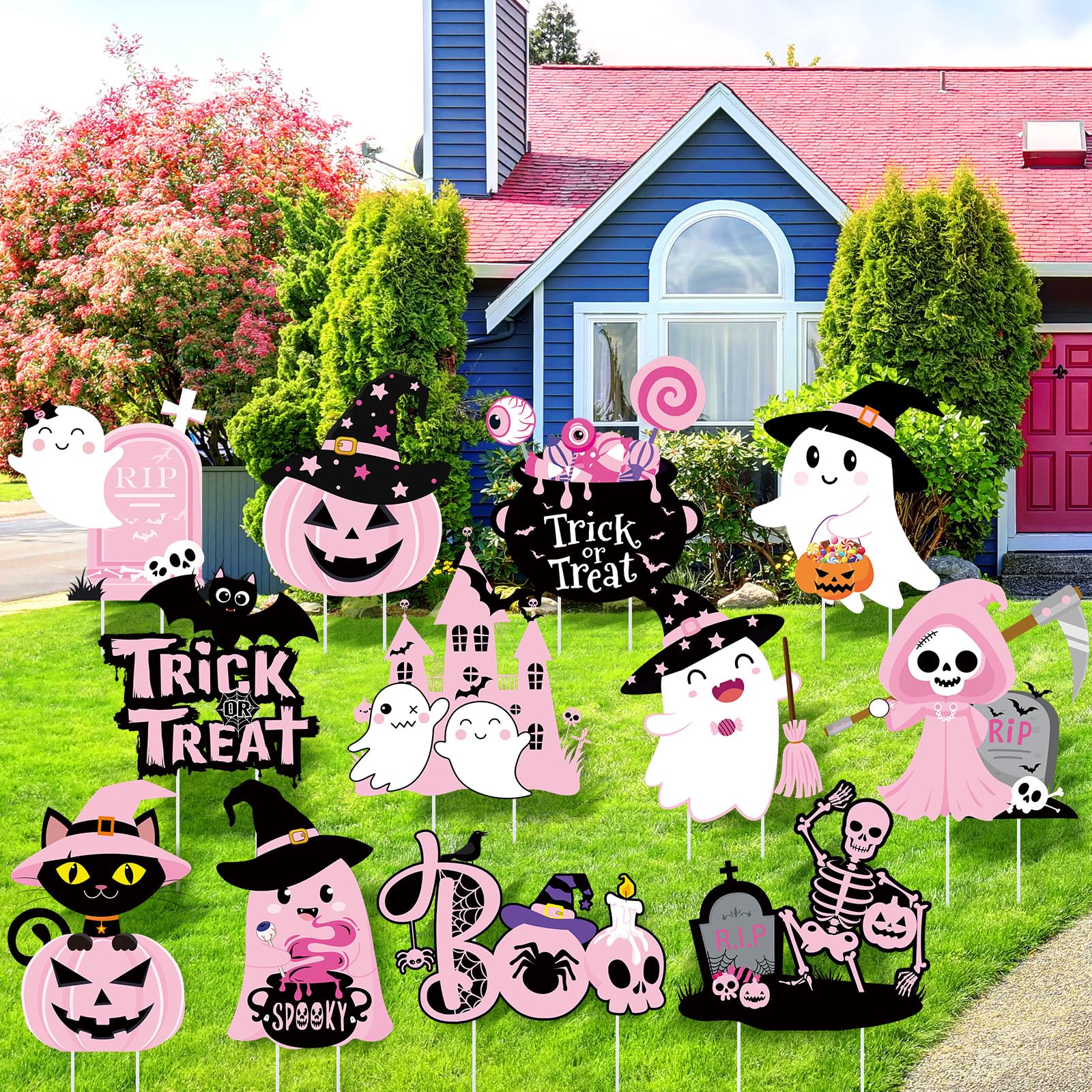 Huwena front packaging showing 12 pink Halloween yard signs and rods, easy decorating