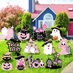Huwena front packaging showing 12 pink Halloween yard signs and rods, easy decorating