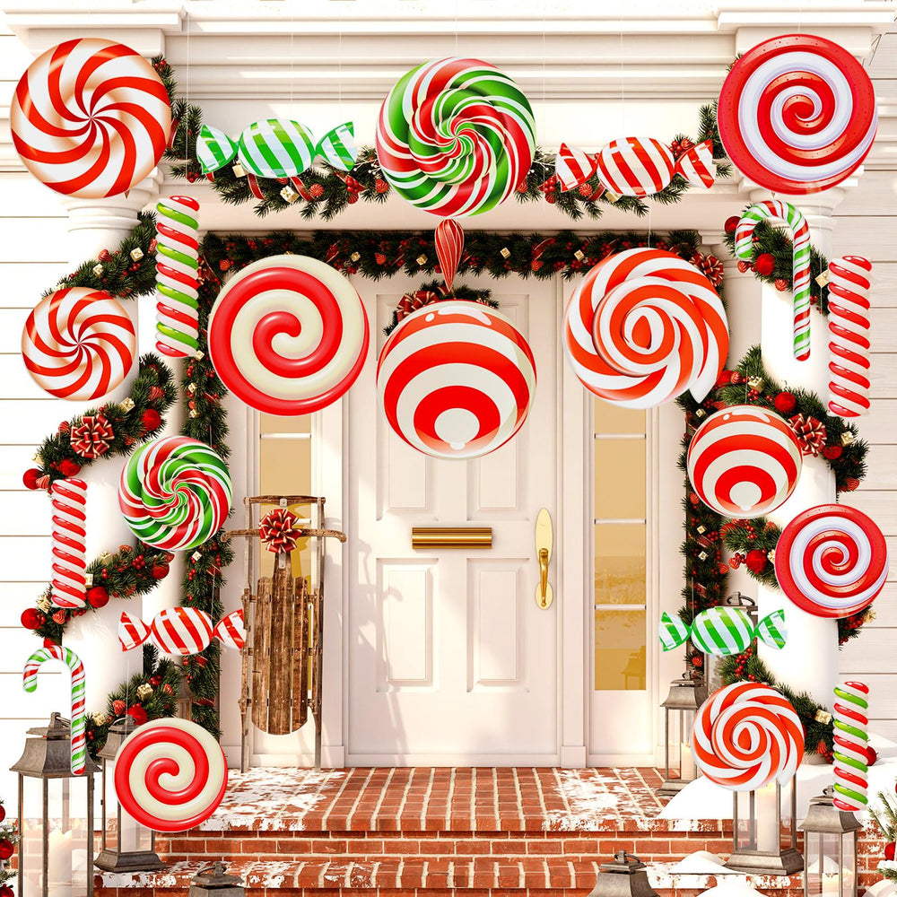 Huwena front view of peppermint ornaments showing festive yard impact