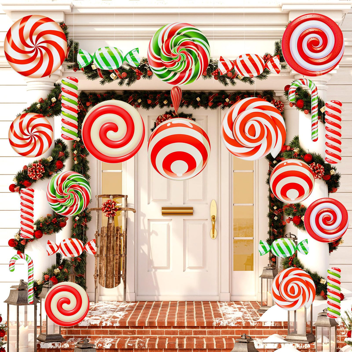 Huwena front view of peppermint ornaments showing festive yard impact