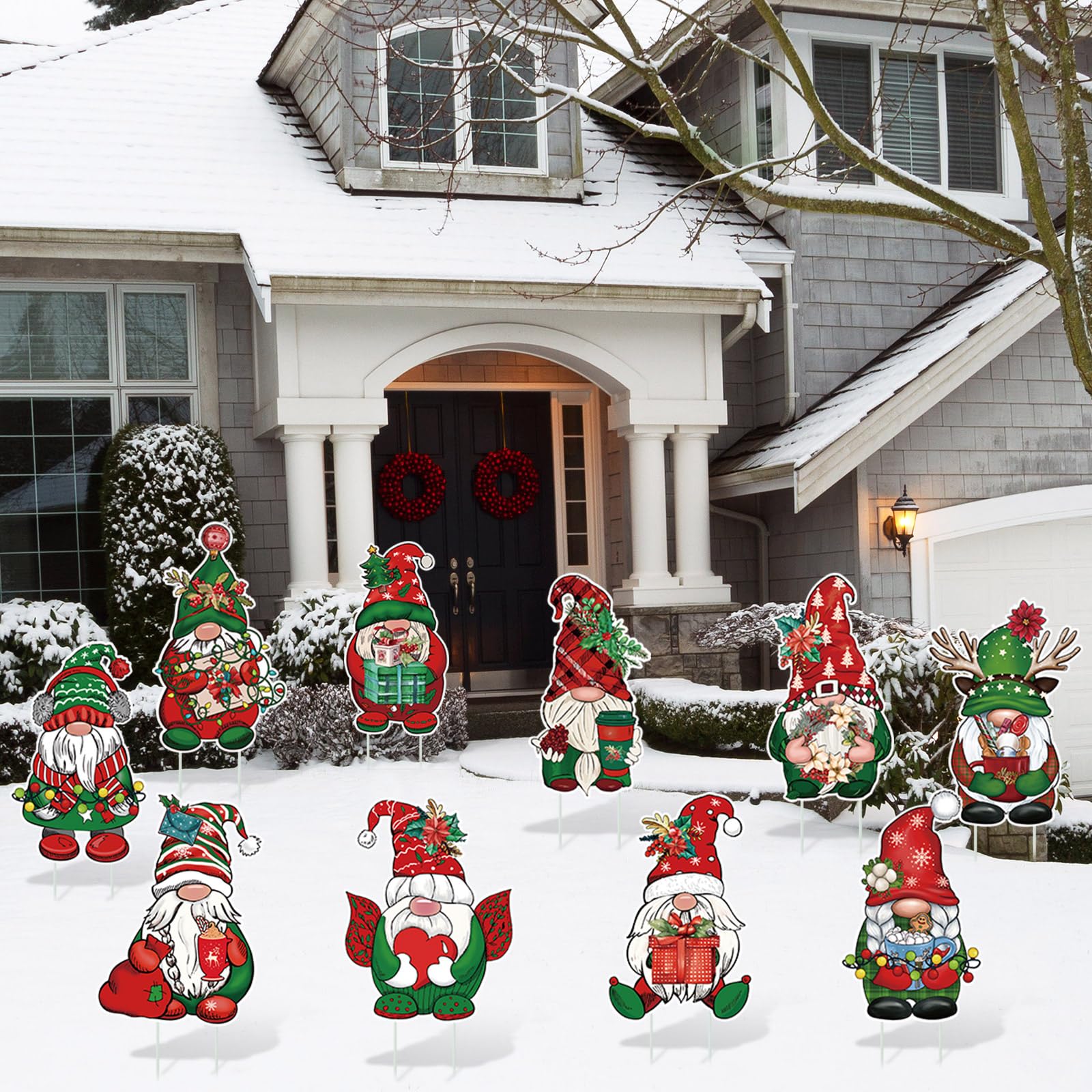 Huwena gnome signs inserted in a lawn creating bright holiday atmosphere for passersby