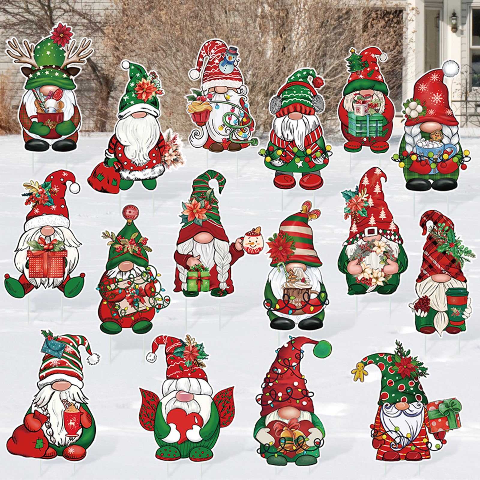 Huwena gnome signs staged on a front porch creating welcoming seasonal décor for visitors