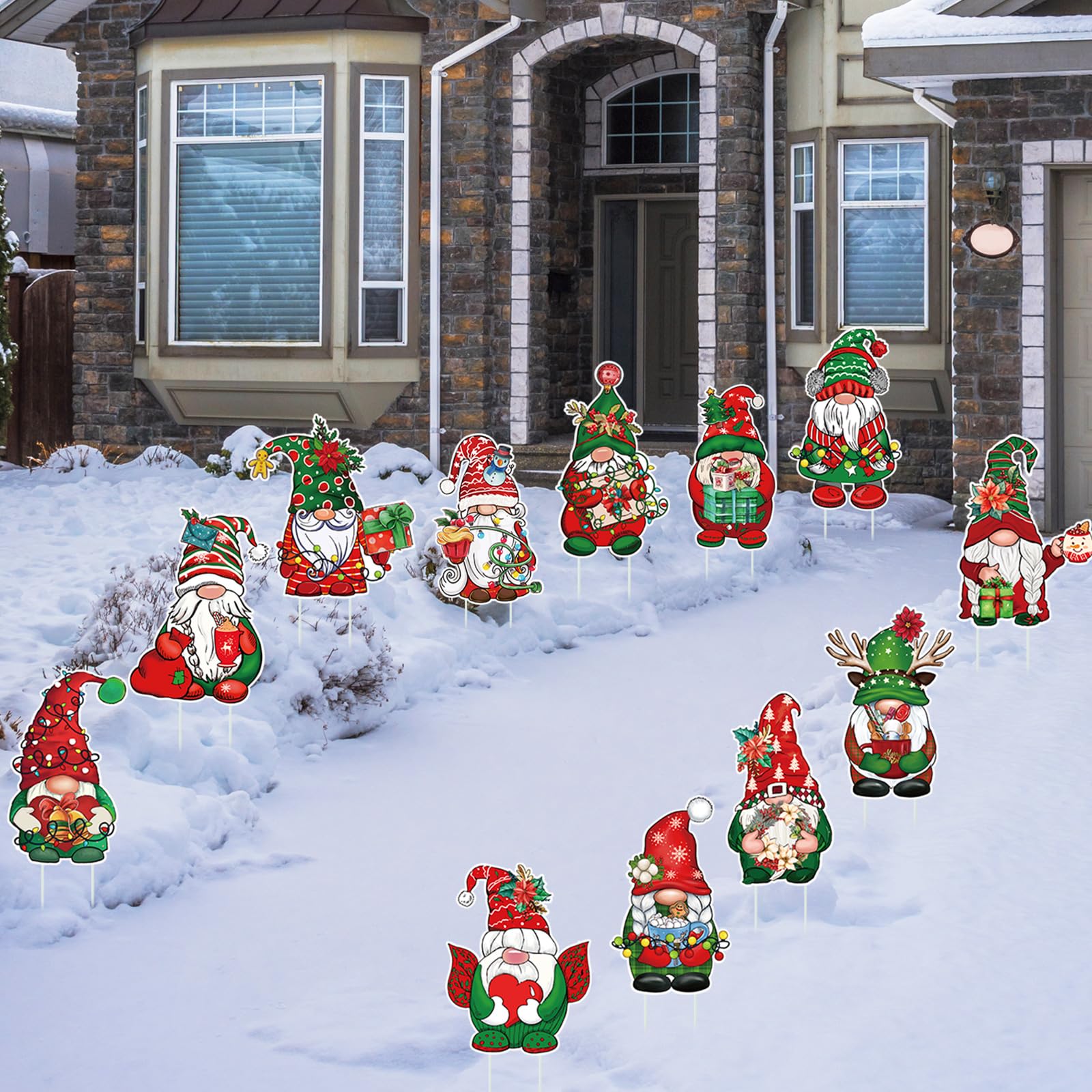 Cluster of Huwena gnome yard signs lining a walkway to guide guests and enhance entryway decor