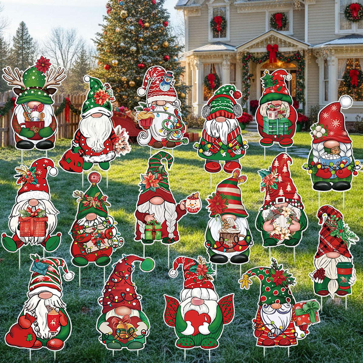 Huwena gnome yard signs front packaging showing 16 colorful gnome designs for festive curb appeal