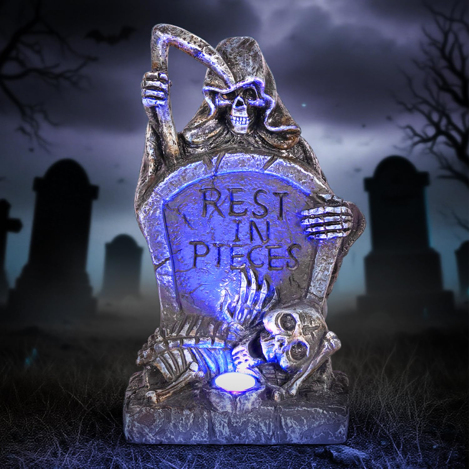 HUYIENO front view of tombstone and grim reaper, creates spooky curb appeal