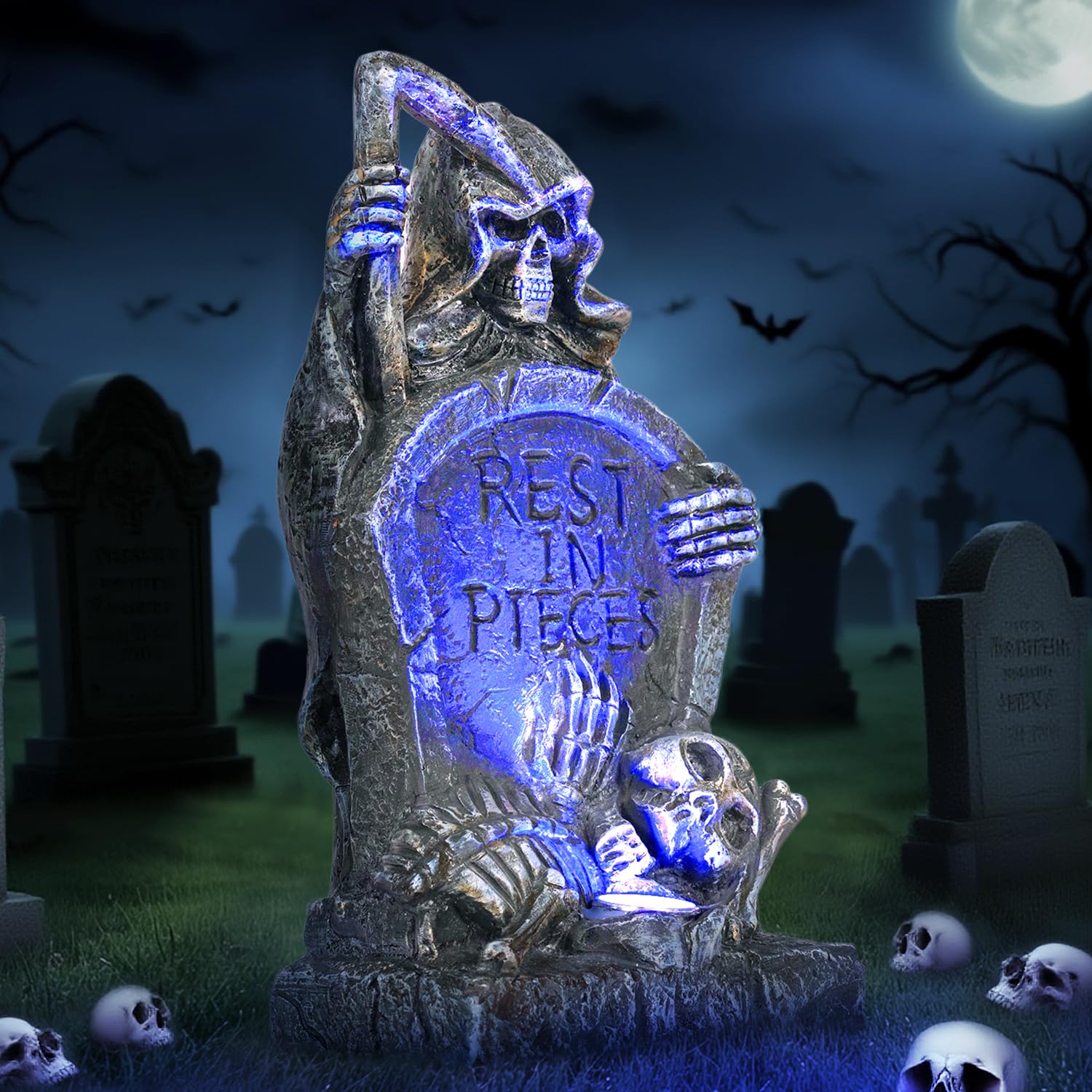 HUYIENO nighttime yard display with blue glow, boosts Halloween ambiance