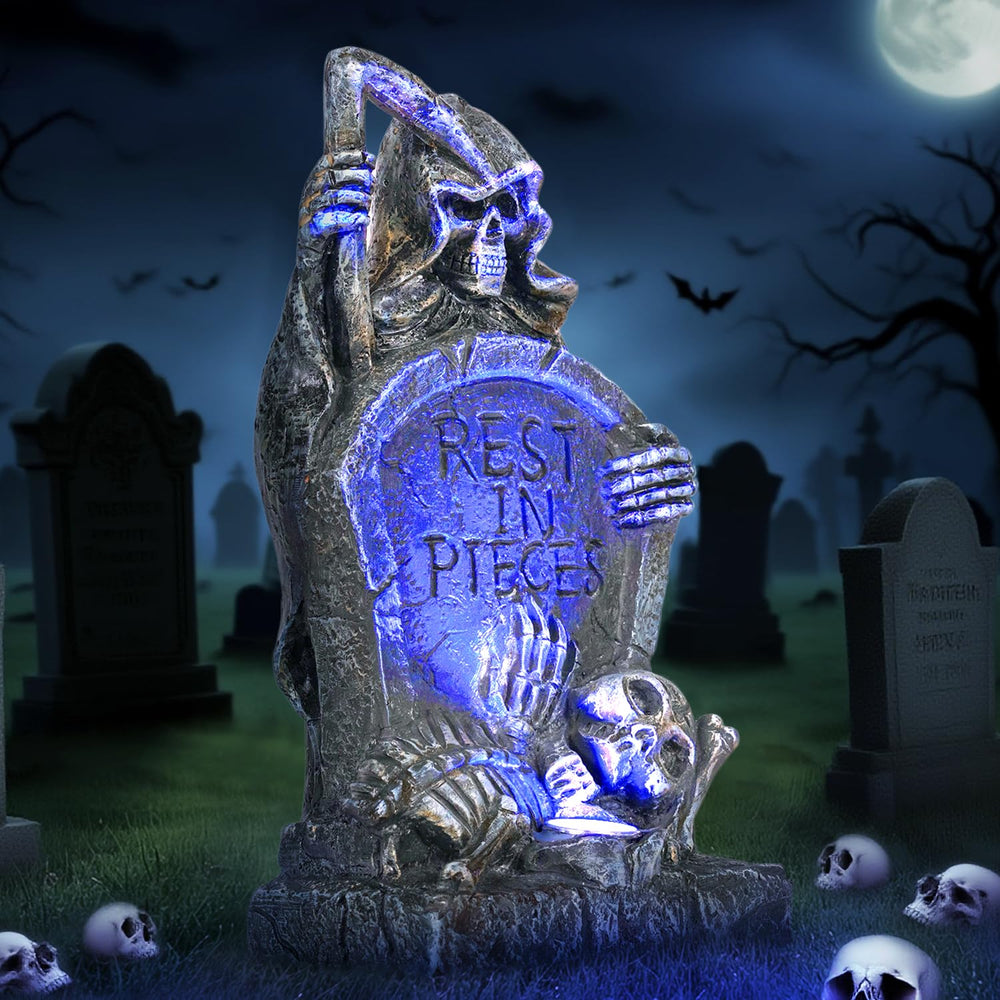 HUYIENO nighttime yard display with blue glow, boosts Halloween ambiance