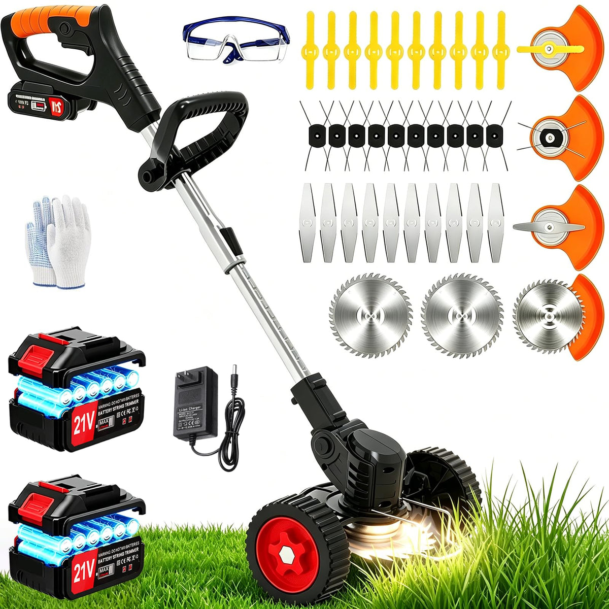 HWLANTU front view of cordless weed wacker showing controls and ergonomic handle for easy use