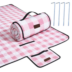 HX&OD full spread pink gingham blanket showing roomy seating area and comfort