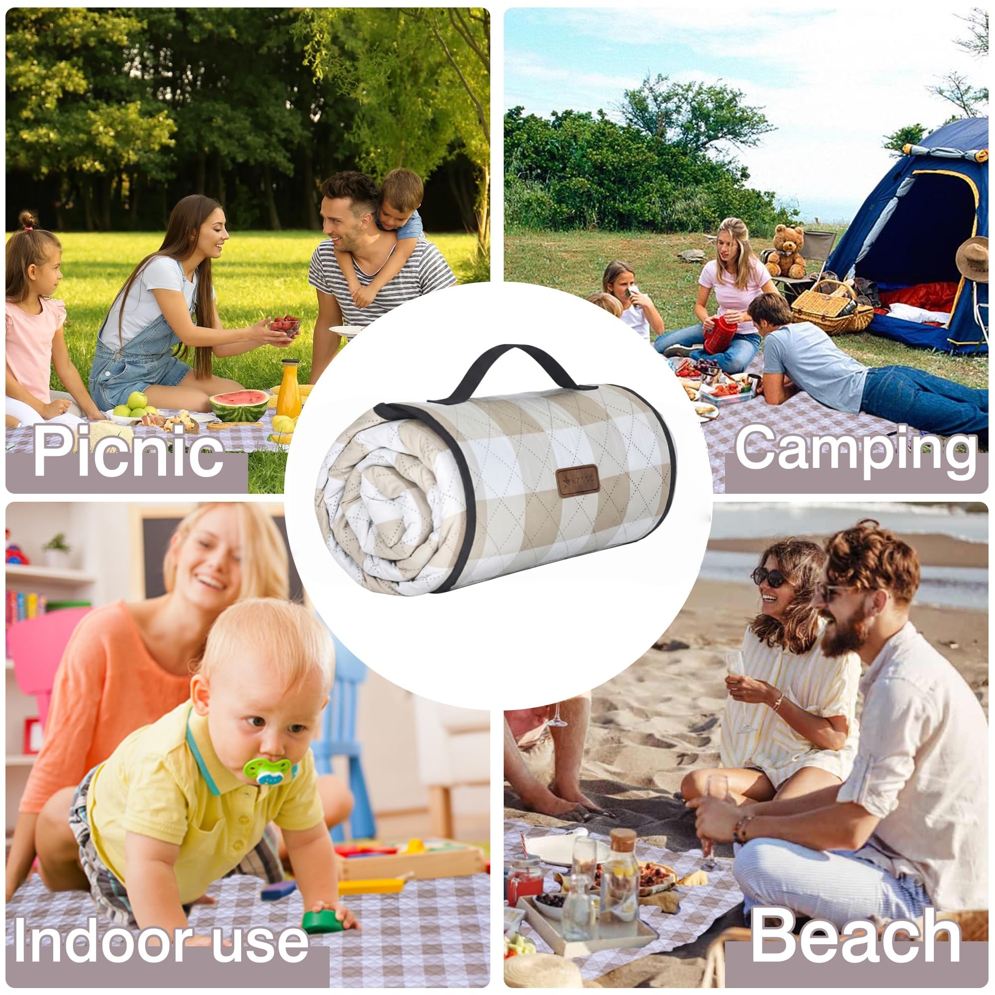 HX&OD picnic setup with food on blanket showing clean, sandproof surface