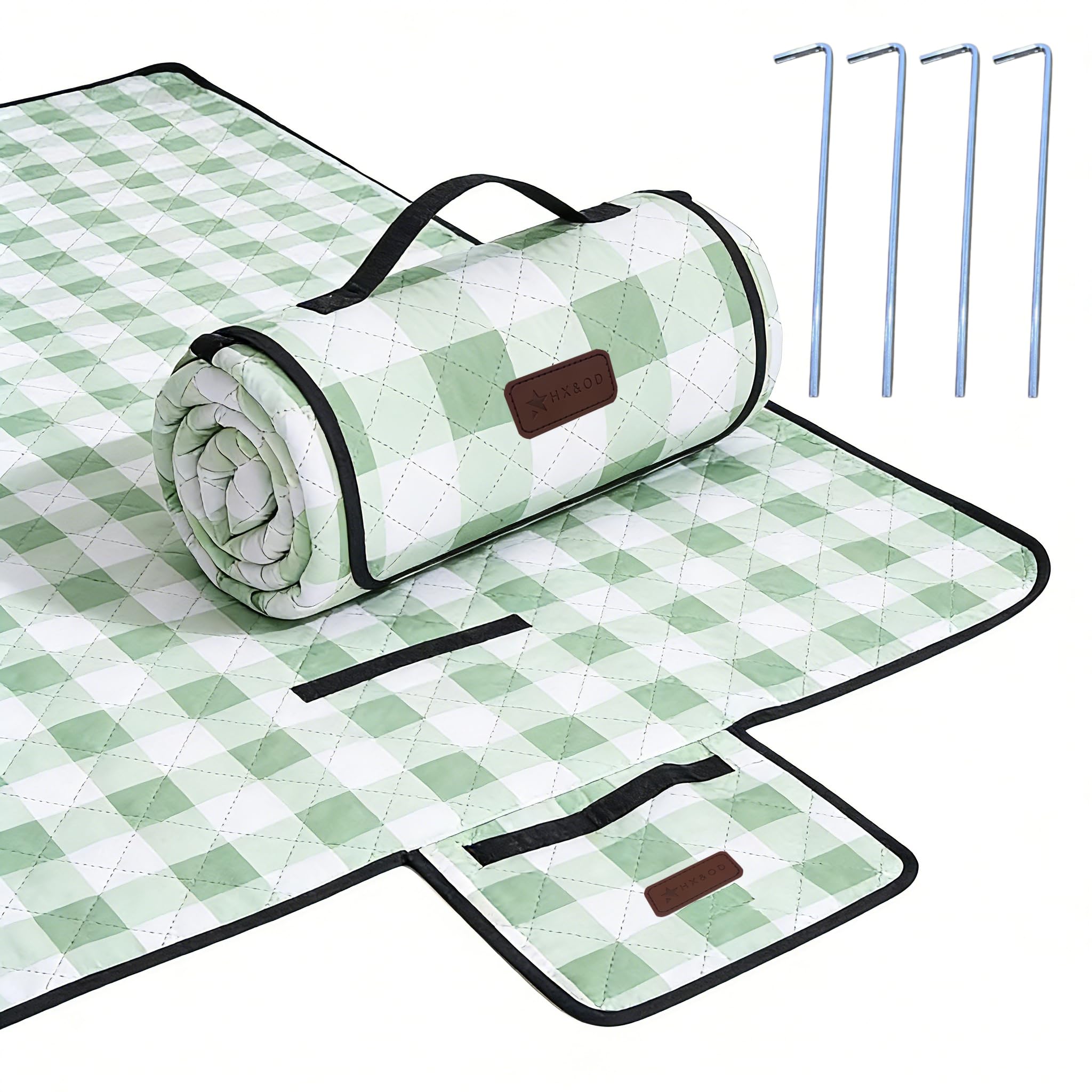 HX&OD front view green gingham blanket showing full spread and capacity
