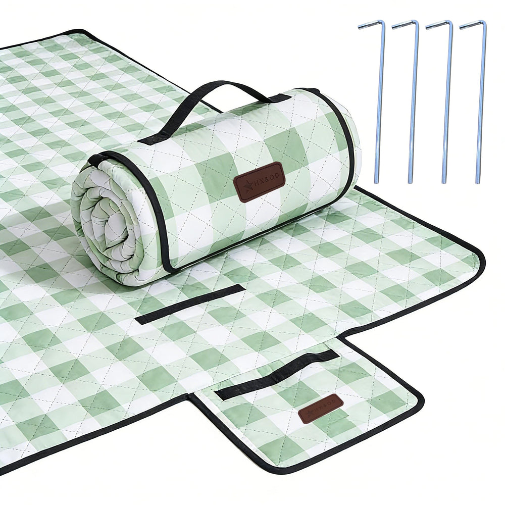 HX&OD front view green gingham blanket showing full spread and capacity