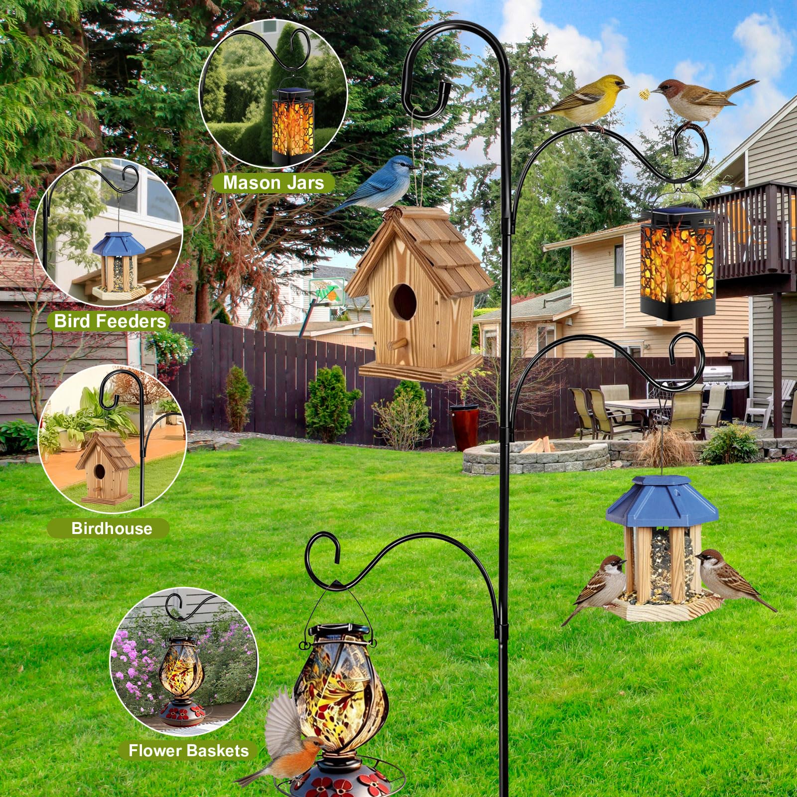 HXYQMMY pole in garden with feeders demonstrating multiple-hanger convenience